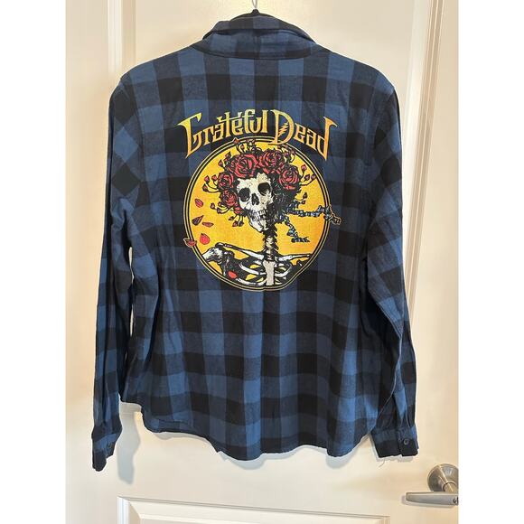 Grateful Dead Blue Plaid “Bertha” Skull and Roses Logo  Flannel Sz. Medium - Picture 1 of 5